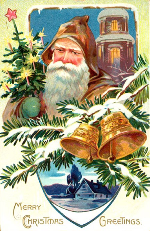 Victorian Santa Claus Christmas Greeting Card with Church & Bells