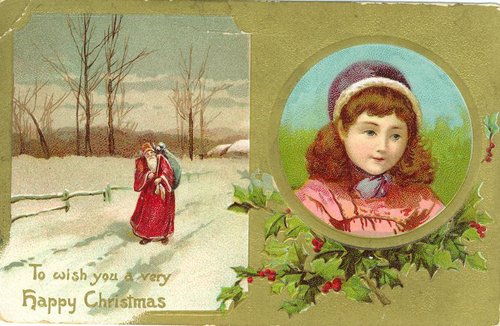 Victorian Christmas Greeting Card - Child Portrait & Winter Scene