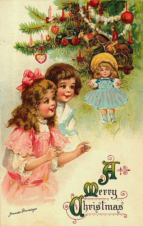 Victorian Christmas Greeting Card with Children and Ornaments