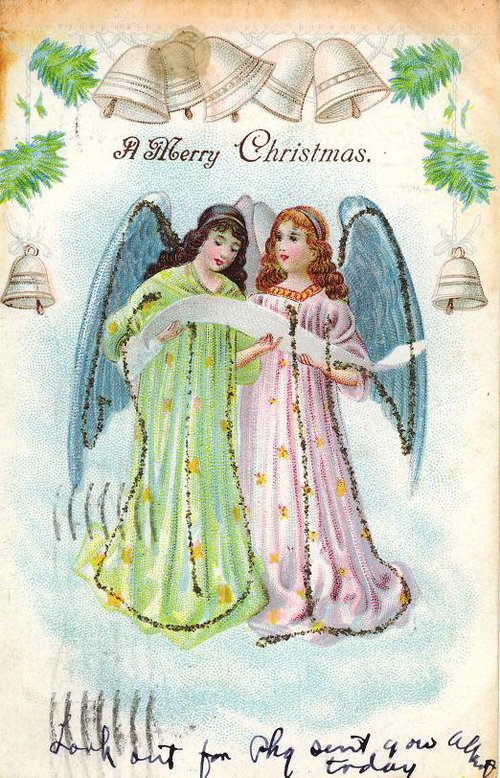 Victorian Christmas Angels Greeting Card with Bells & Evergreen Sprigs