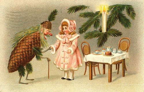 Victorian Christmas Card with Pinecone Character & Child