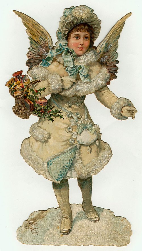 Victorian Die-Cut Angel Christmas Card with Holly & Ribbons