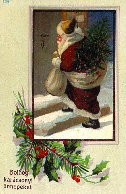 Vintage Hungarian Christmas Card with Santa & Evergreen