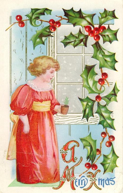 Victorian Christmas Card Girl Holly Berries Window Lithograph