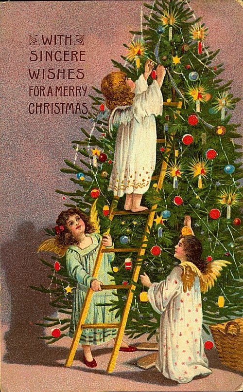 Victorian Christmas Angels Decorating Tree Greeting Card