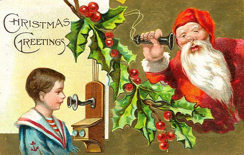 Victorian Christmas Greetings Card Santa Telephone Boy Sailor