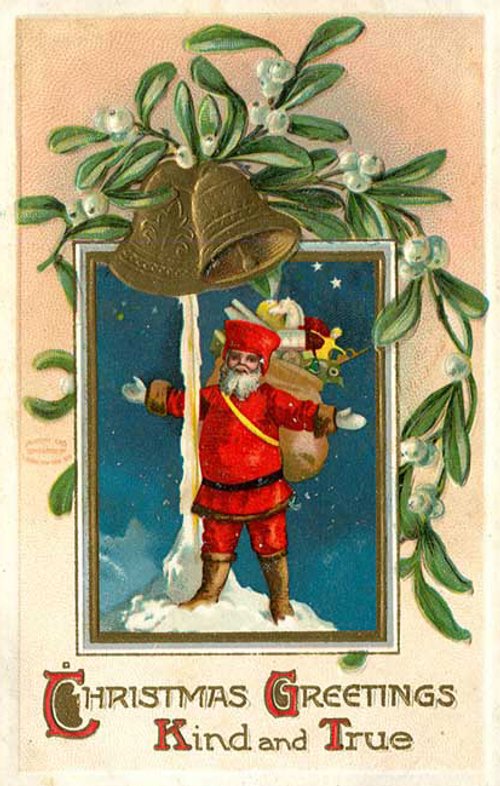 Victorian Christmas Greetings Card with Santa and Mistletoe