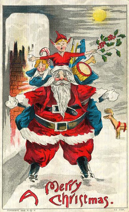 Vintage Santa with Elves Christmas Greeting Card, Early 1900s