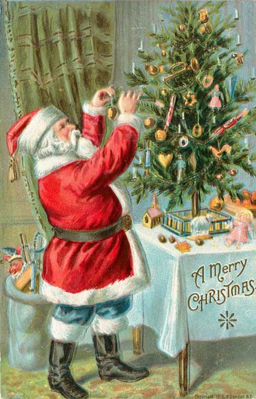 Victorian Santa Christmas Tree Greeting Card | Vintage 1890s