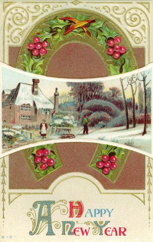 Victorian New Year Greeting Card with Holly & Winter Scene