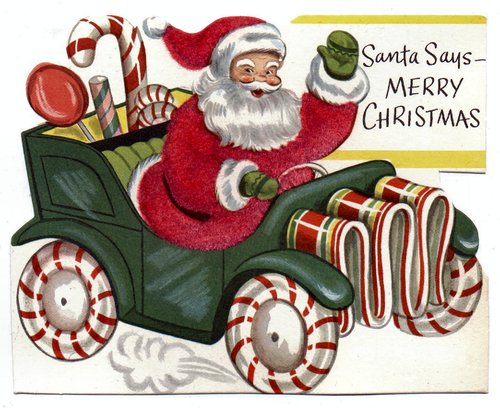 Vintage Santa in Candy Car Christmas Greeting Card