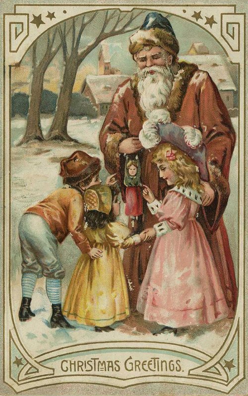 Victorian Christmas Greeting Card: Santa with Children & Dolls