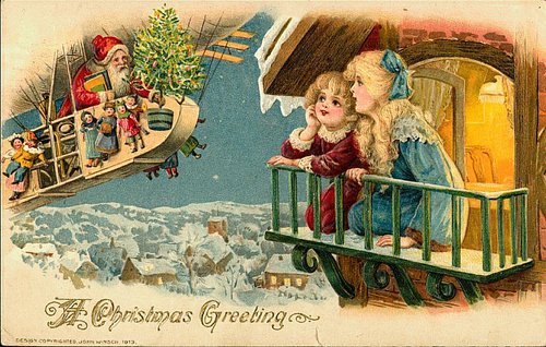 Victorian Christmas Greeting Card Santa Flying Machine 1913