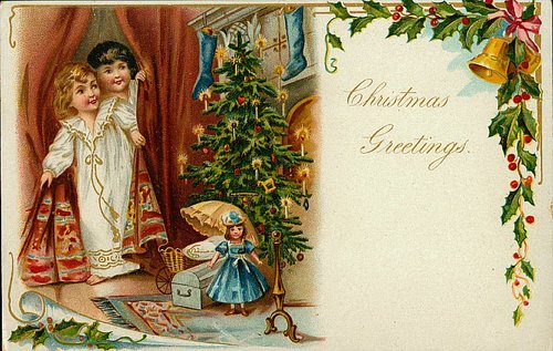 Victorian Christmas Greeting Card with Children & Decorated Tree