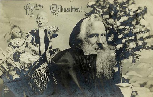 German Christmas Greeting Card with Santa & Toys, Early 1900s