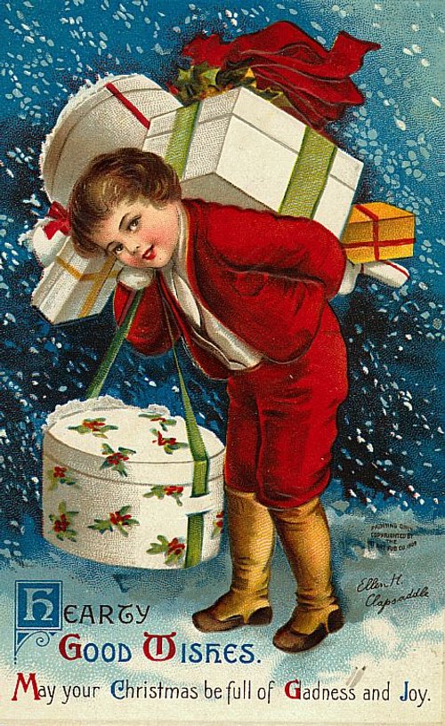 Victorian Christmas Card Child with Gifts, Hearty Good Wishes