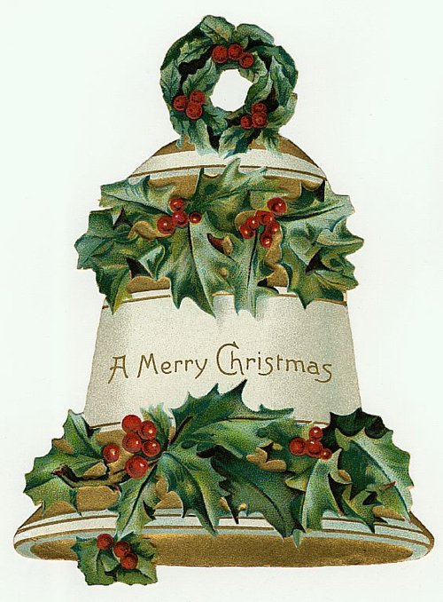 Victorian Christmas Bell Die-Cut Greeting Card with Holly