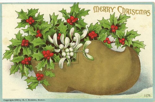 Victorian Christmas Greeting Card Holly Mistletoe Gold Boot 1908