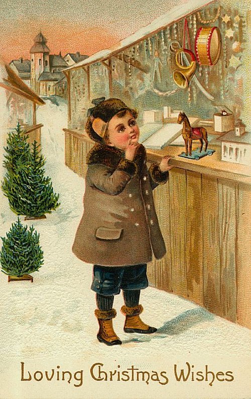 Victorian Christmas Greeting Card: Child at Christmas Market Toy Stall