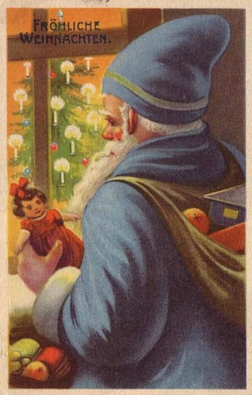 German Vintage Christmas Greeting Card – Santa with Decorated Tree