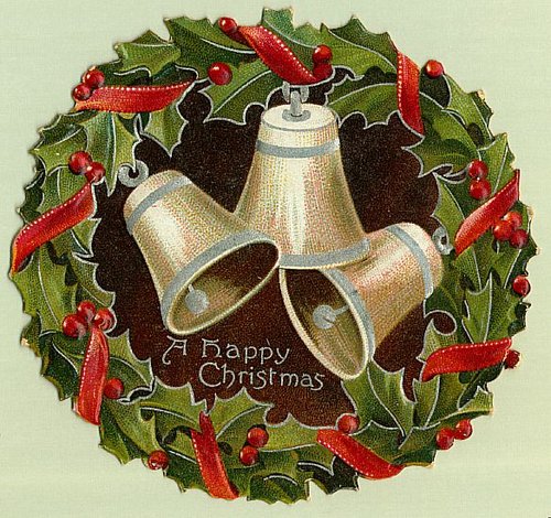 Vintage Victorian Christmas Greeting Card with Bells and Holly Wreath