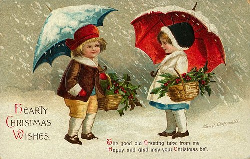 Victorian Christmas Greeting Card Children Umbrellas Holly Baskets