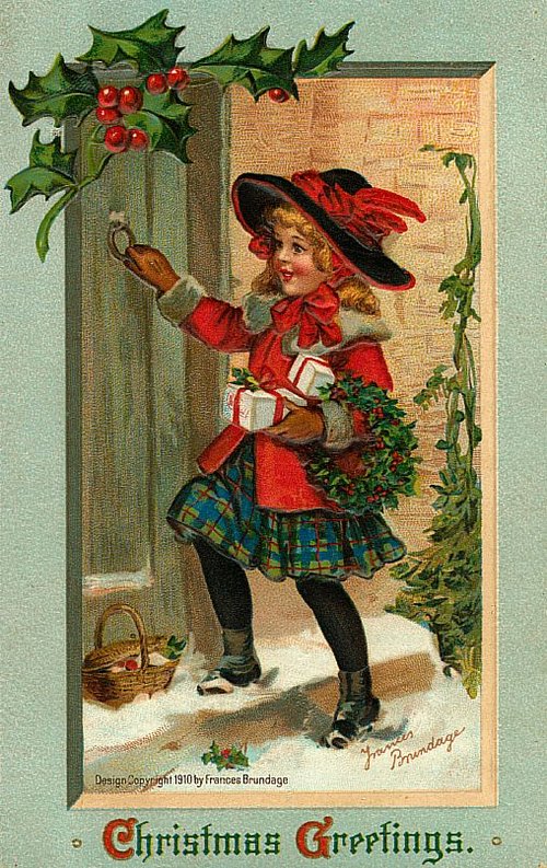 Edwardian Christmas Girl with Wreath and Gifts Vintage Greeting Card