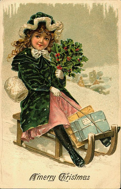 Victorian Christmas Girl on Sleigh with Holly - Vintage Greeting Card