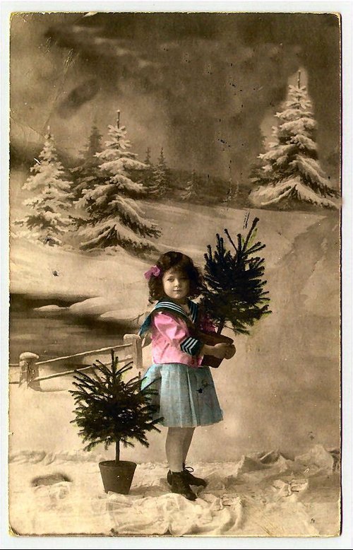 Vintage Christmas Girl with Pine Trees - Early 1900s Holiday Card
