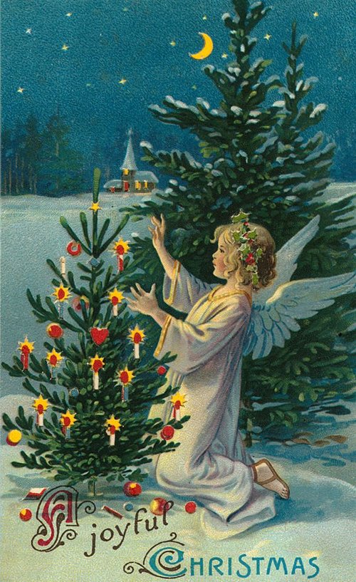 Victorian Angel Christmas Card with Candlelit Tree & Snowy Scene