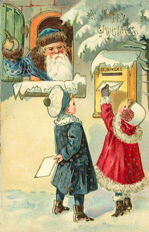 Victorian Christmas Greeting Card with Santa and Children