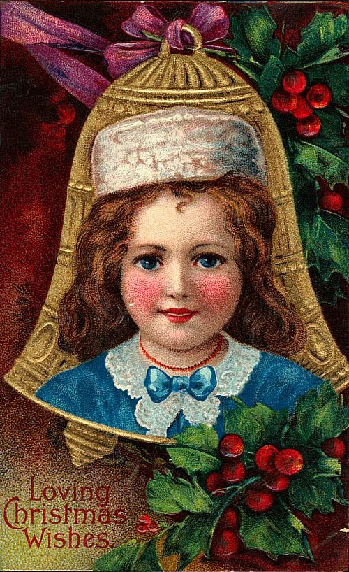 Victorian Christmas Child in Gold Bell with Holly Berries