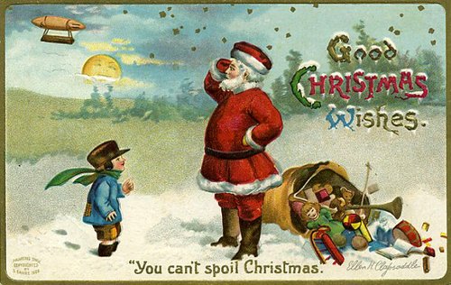 Vintage Santa Christmas Wishes Card with Airship, Early 1900s