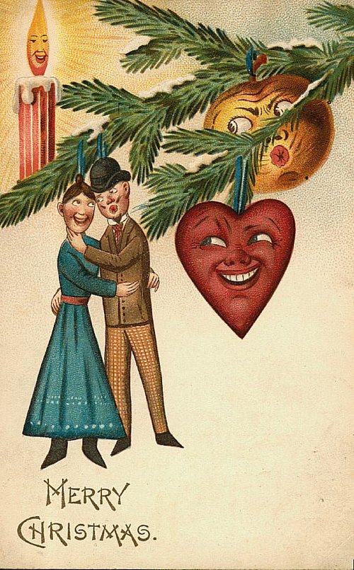 Vintage Christmas Greeting Card with Anthropomorphic Ornaments & Couple