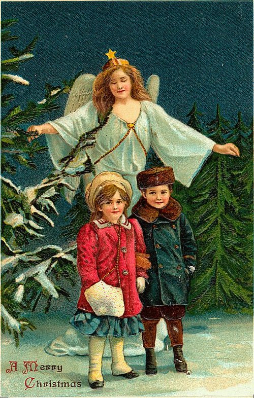 Victorian Christmas Angel with Children Vintage Greeting Card