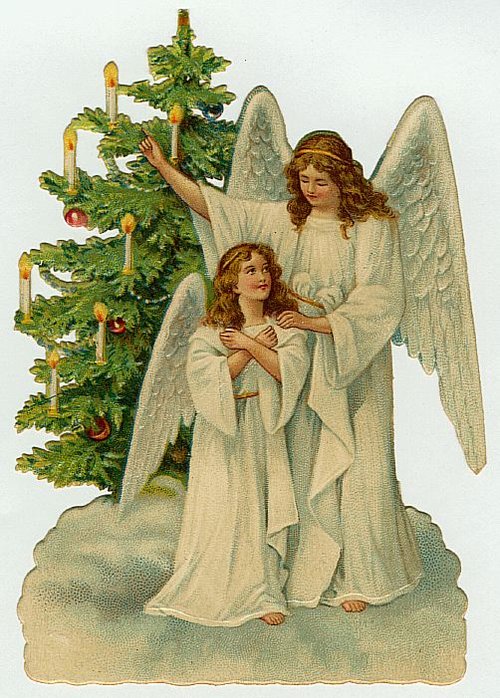 Victorian Angels Christmas Tree Greeting Card | Vintage Lithograph