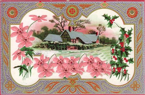Victorian Cottage Garden Greeting Card with Pink Flowers