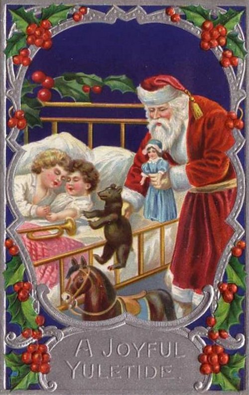 Victorian Santa Visits Children in Bed - Vintage Christmas Greeting Card