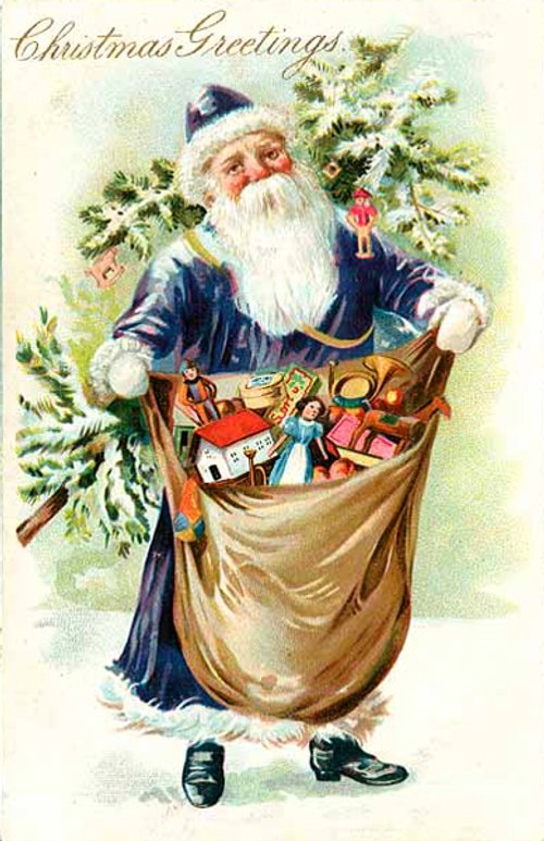 Victorian Christmas Greetings Santa Claus Toy Sack Greeting Card