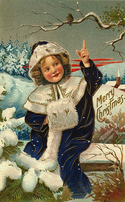 Victorian Christmas Child with Pointing Gesture - Vintage Holiday Card
