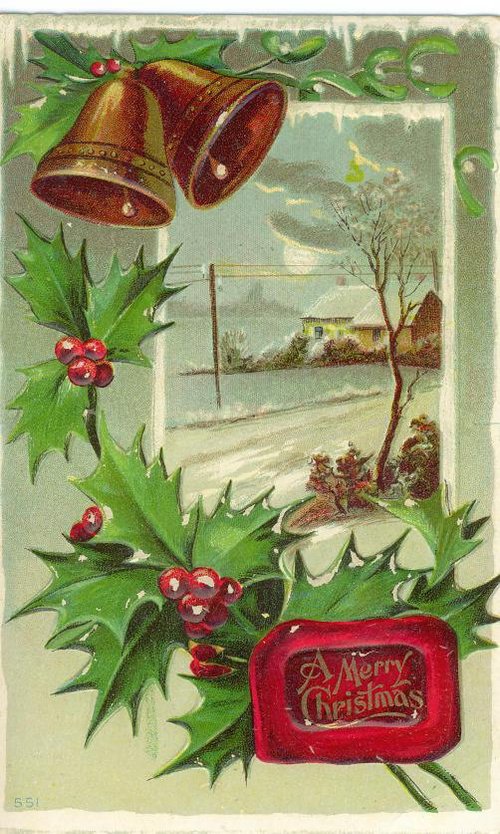 Vintage Victorian Christmas Card with Bells, Holly & Winter Scene