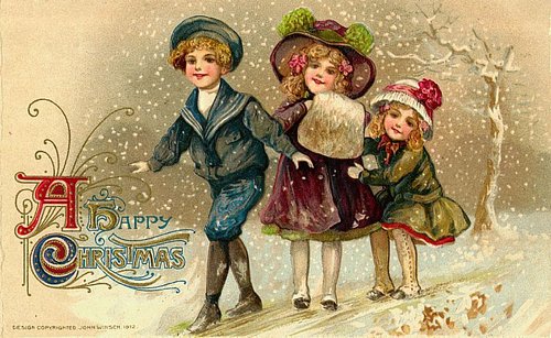 Happy Christmas Vintage Greeting Card with Children in Snow