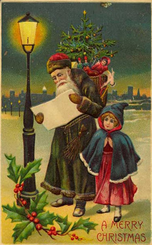 Victorian Christmas Card Santa with Letter & Child