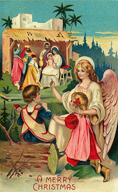 Victorian Christmas Angel Greeting Card - Nativity Scene