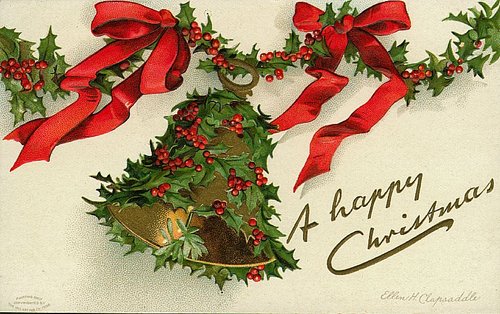 Victorian Christmas Holly Greeting Card with Red Ribbons