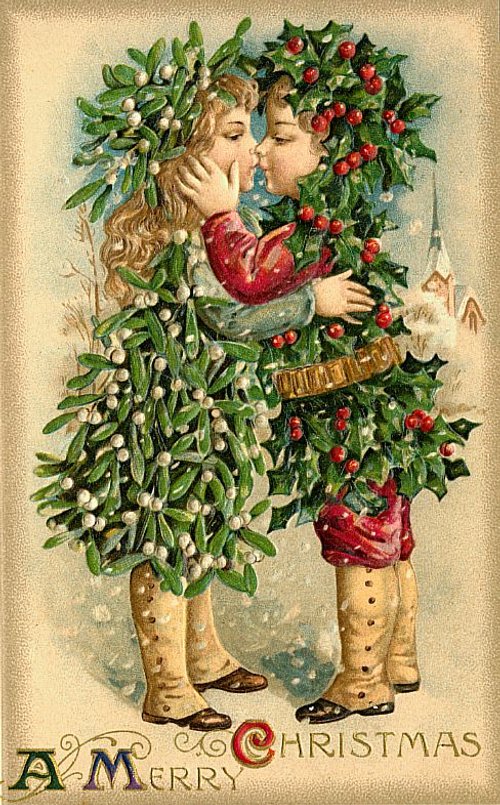 Victorian Christmas Greeting Card: Children with Mistletoe & Holly