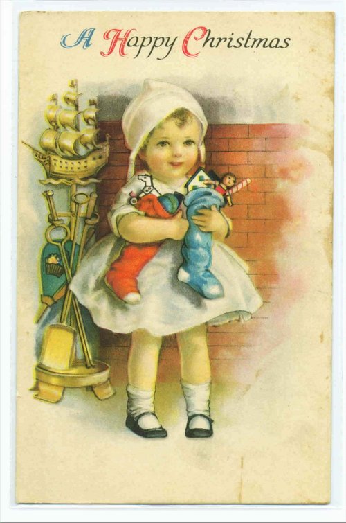 Victorian Christmas Card with Child & Golden Ship | Antique
