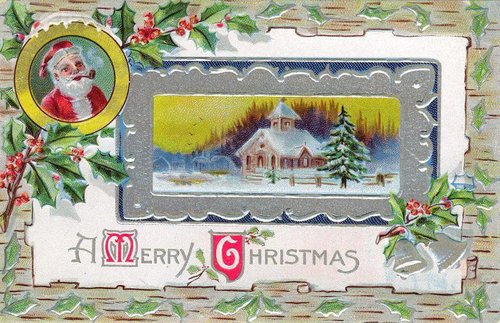 Victorian Christmas Greeting Card with Santa & Church Scene