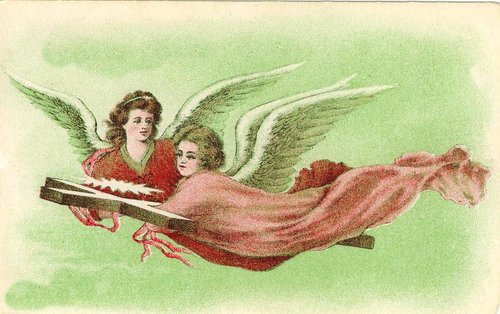 Victorian Angels Red Ribbon Vintage Greeting Card