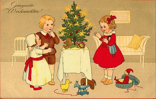 Vintage German Christmas Card Children & Decorated Tree